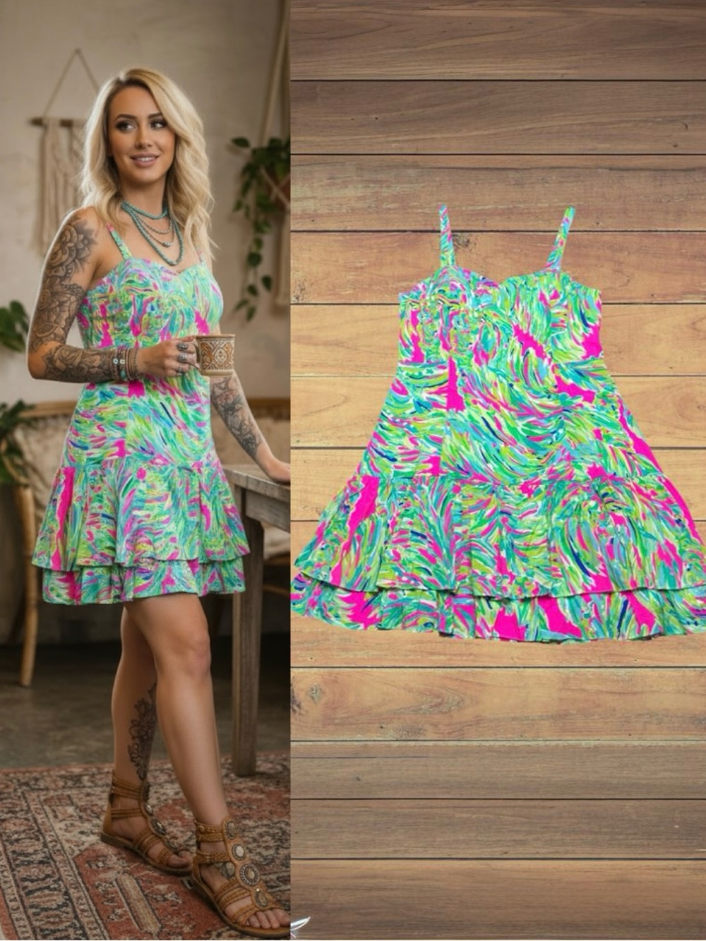 Lilly Pulitzer Morgana Shady Lady Tiered Ruffle Pink & Green Dress Size 14 NWT